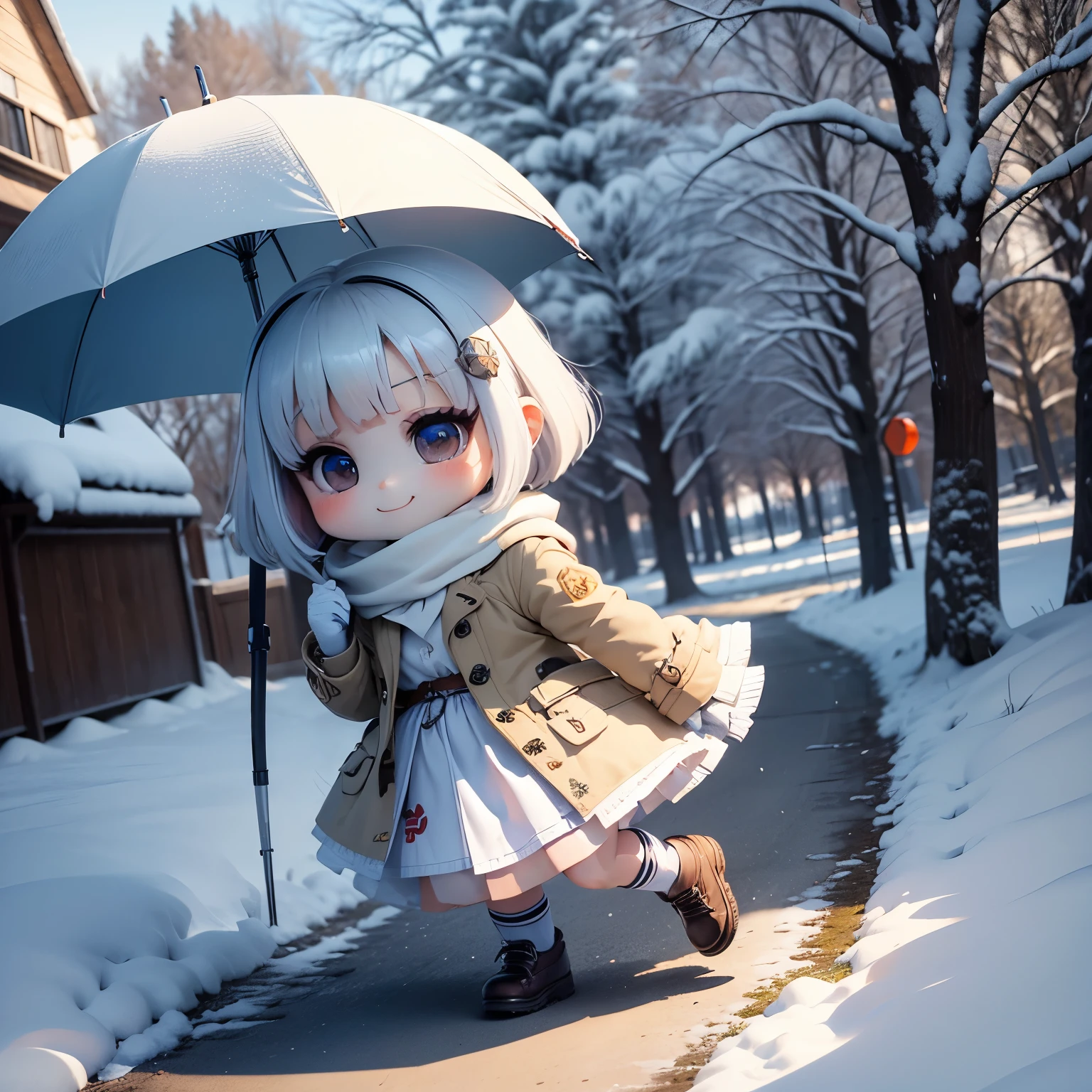 chef d&#39;oeuvre、qualité supérieure、ultra-détaillé、(Chibi Chara:1.27),En sortant de l&#39;école, Le bob blanc se balance dans le vent,mini-jupe à carreaux Glen,chaussettes hautes,Trench-coat pour l&#39;hiver,forêt de neige de conte de fées,un sourire,courir joyeusement,corps entieresbienne