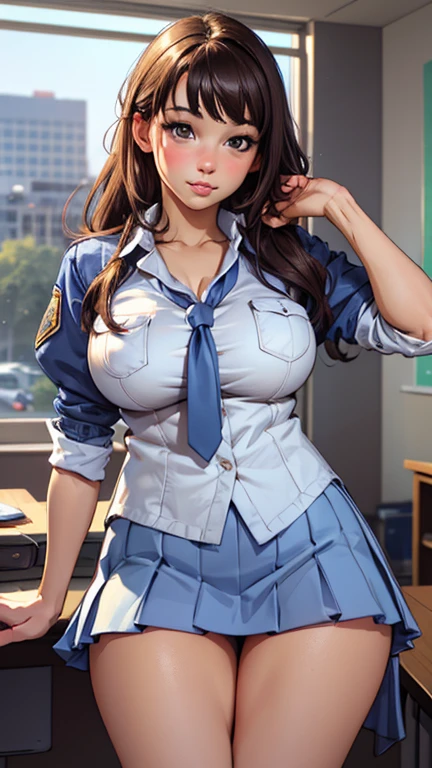(best quality,4k,8k,highres,masterpiece:1.2),ultra-detailed,(realistic,photorealistic,photo-realistic:1.37),portraits, outfit,blue high cut coat,blue mini skirt,white shirt,perky breasts,beautiful detailed eyes,beautiful detailed lips,shy girl,blushing,thick thighs,bent over desk,classroom lighting,realistic lighting