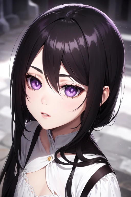 Purple eyes, small lips, sharp nose, cute, white skin, long black hair,