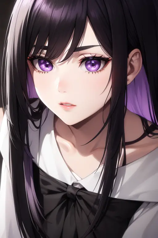 purple eyes, small lips, sharp nose, cute, white skin, long black hair,