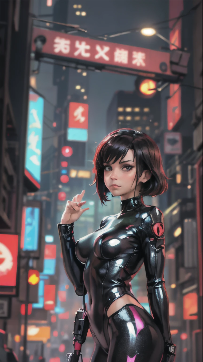 (best quality, ultra-detailed, photo-realistic:1.37), neon-lit cyberpunk cityscape, 1 woman standing, entering the scene. The woman has long flowing hair and a stylish futuristic outfit. Her beautiful detailed eyes are accentuated by the vibrant neon lights. The scene is set in a renowned red light district, with glowing signs and steam rising from the streets. The woman is standing near a window, gazing into its depths, curious about the forbidden allure within. The window emits a red glow, casting a seductive atmosphere. The woman's expression is a mix of curiosity and fascination, beckoning the viewer to enter the world behind the glass. The cyberpunk aesthetic of the scene is enhanced by the futuristic architecture and holographic displays adorning the buildings. The city is enveloped in a captivating red and blue color palette, emphasizing the seductive and mysterious ambiance. The scene is illuminated by neon lighting, creating vibrant reflections on the wet streets below. The combination of the woman's alluring presence and the cyberpunk setting evokes a sense of intrigue and adventure.