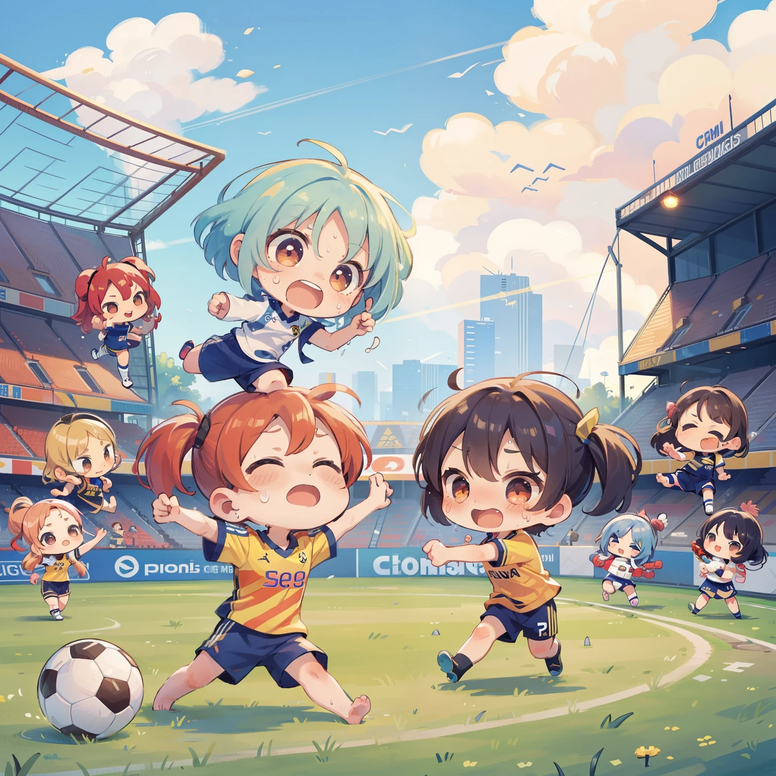 A group of anime girls playing soccer in a stadium - SeaArt AI