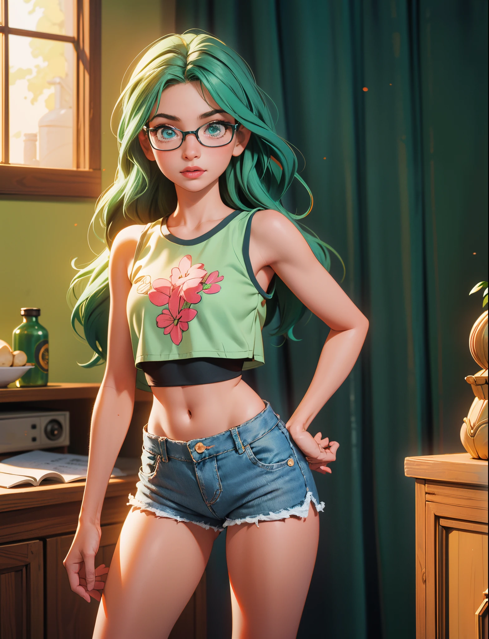 1menina, seios pequenos, quadris pequenos, olhos verdes, cabelo rosa, crop top, shorts jeans, quarto, coxas listradas,pequeno, eyeglass, olhos bonito e retalhado.