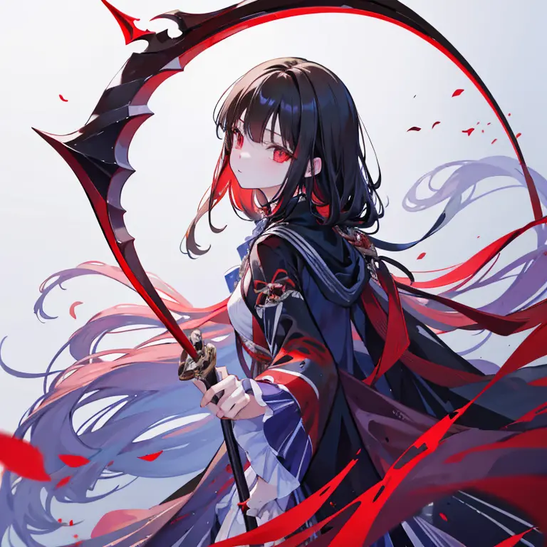 gazing at viewer、has a two handed sword、wearing a black robe、red eyes、wearing a red aura、holding a scythe、fantasticalな背景、pretty ...