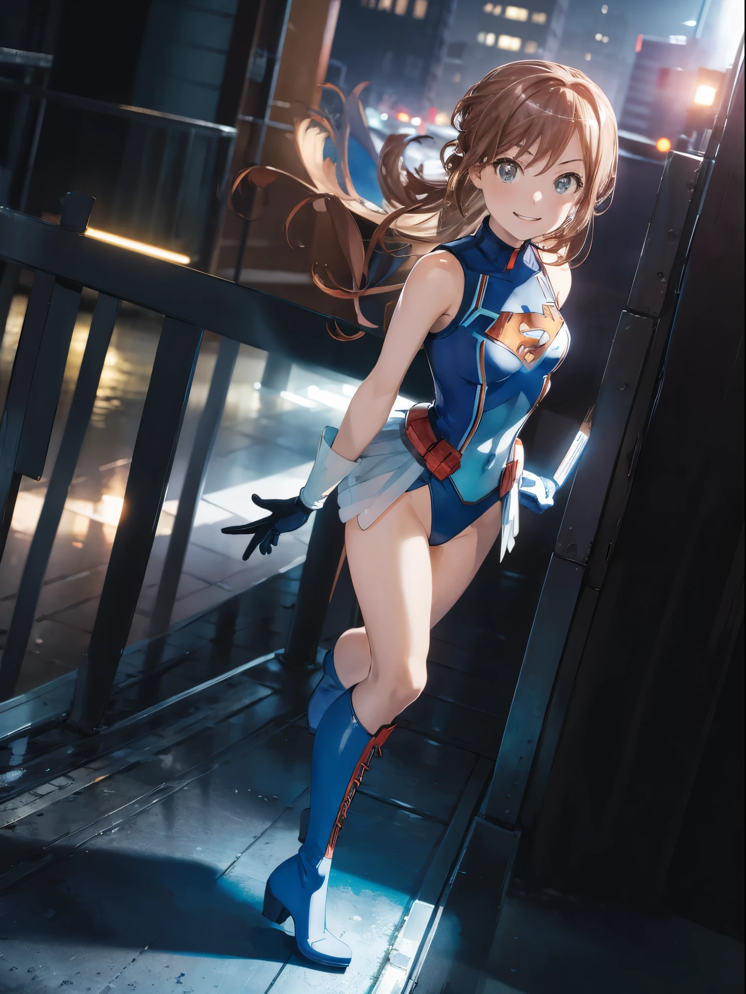 lisachi, masterpiece, best quality, highres, 1girl, solo, superhero, leotard, bare legs, boots, matching boots, sleeveless, gloves, matching gloves, looking at viewer, city backdrop, blue and white leotard, standing, hands on hip, full body shot, smile, glowing body