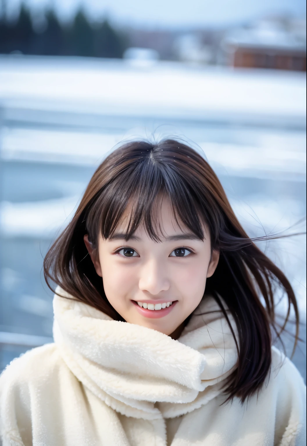 (1 Cute Japan Stars)realistic photos of、tie your hair back 1:3、Thin makeup、a smile、wearing a thick coat、in snow、Facing the front、8K High Resolution、Sharp and realistic details on the outside、Eye level shots、C/ 4.0、135 mm、Fuji Film、jpegartifacts、dithering、nffsw、​masterpiece