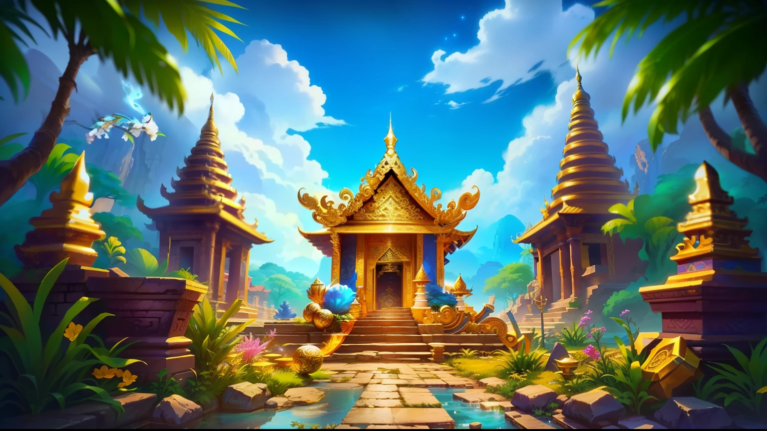 a close up of a stone floor with river behind, sky, game background, mobile game background, palace background, background artwork, background art, background image, background depicting a temple, epic background, treasure background, royal Thailand temple, videogame background, thailand asmosphere, thailand mood, jungle dummy, jungle pokdeng, official screenshot, detailed screenshot, official artwork, toki pona, pooka, game logo, high quality screenshot, pc screenshot, key art, loading screen, splash screen, screenshot, official splash art, high detailed official artwork, splash screen art, loading screen. 8k resolution, hd screenshot,