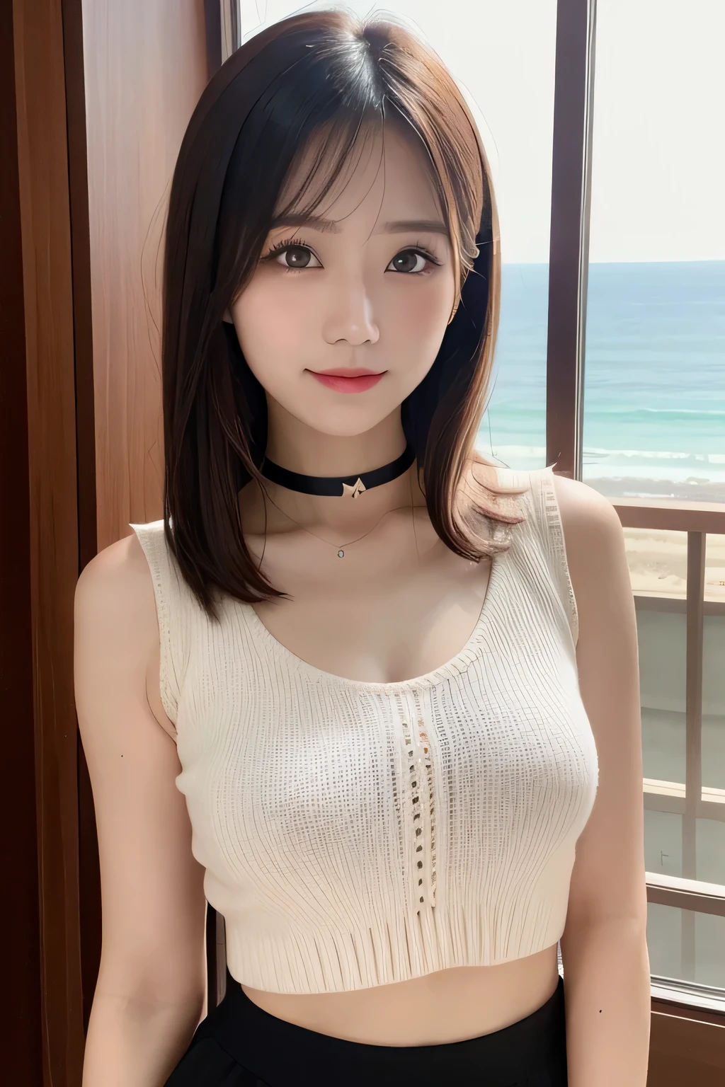 masutepiece, Best Quality, Photorealsitic, finely detail, hight resolution, 8K Wallpapers, Perfect dynamic composition, Beautiful detailed eyes, Medium Hair, large full breasts, Random and sexy poses,Bring your chest together、(Open Chest Crop Tank Top Knitwear Clear Clave,Black)、(Breast bulge 1.2)、A smile、open open mouth、Resort scenery、25-years old、(Drooping eyes 1.4)、 Beauty、japanes,Keyed choker,flered skirt