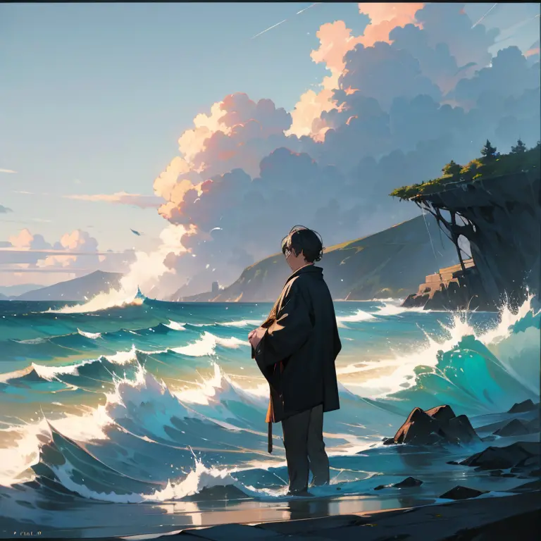 A man、A painting of a seascape