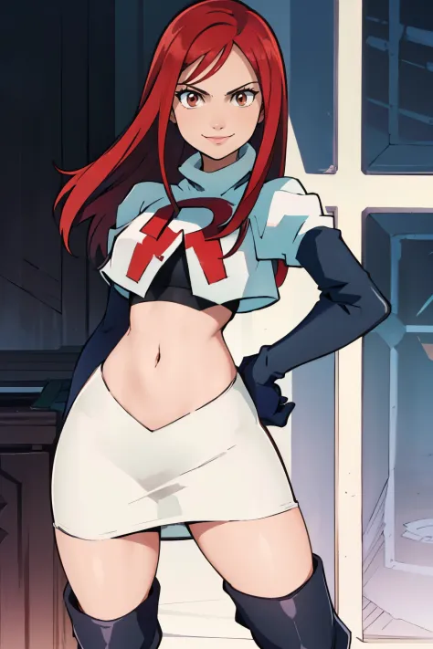 Erza Scarlet, long hair,red hair, brown eyes, ,team rocket uniform, red letter R, white skirt,white crop top,black thigh-high boots, black elbow gloves, smile, looking at viewer, cowboy shot, sexy pose