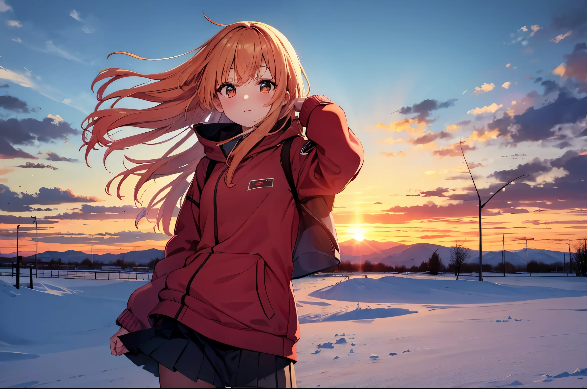 absurdres, highres, best quality, 1girl, snow,comfy, scenery, sunset, clouds, wind,