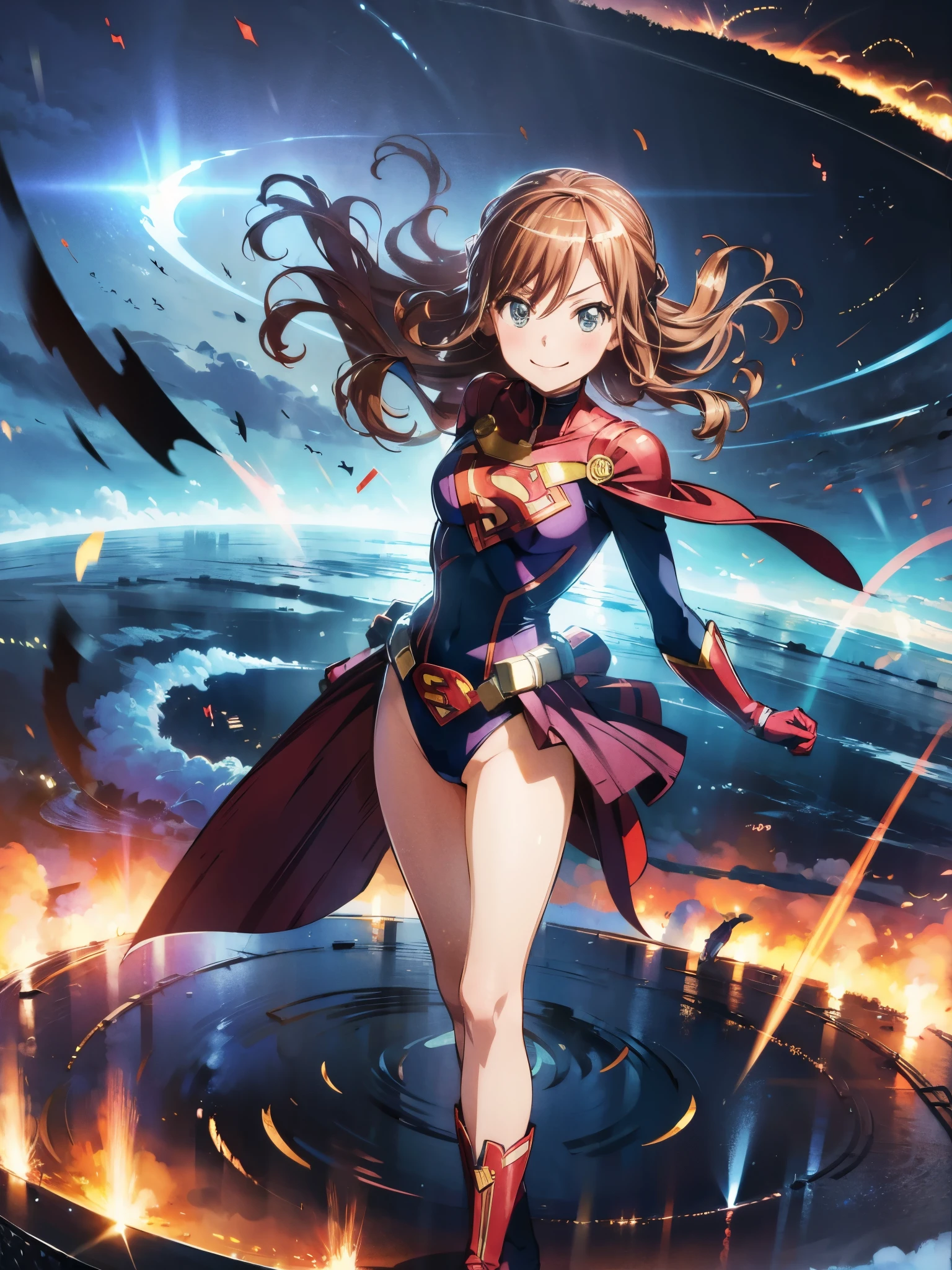 lisachi, 1girl, leotard, spinning, time travel, super power, superhero, tornado, super tornado, whirlwind, twirling, super speed, bare legs, anime, super spin, standing, detailed, boots, gloves, rapid gyration, smile