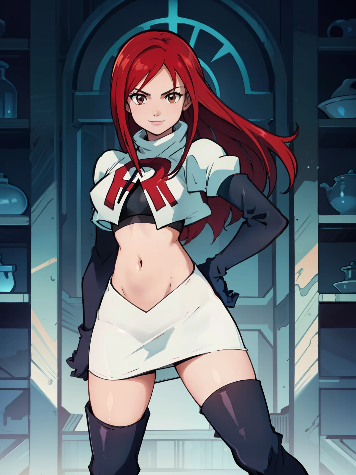 Erza Scarlet, cabelo longo,cabelo vermelho, Olhos castanhos, ,uniforme da equipe rocket, letra vermelha R, saia branca,top branco,botas pretas de cano alto, luvas de cotovelo pretas, sorriso, Olhando para o visualizador, tiro de vaqueiro, pose sexy