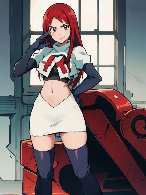 Erza Scarlet, long hair,red hair, brown eyes, ,team rocket uniform, red letter R, white skirt,white crop top,black thigh-high boots, black elbow gloves, smile, looking at viewer, cowboy shot, salute