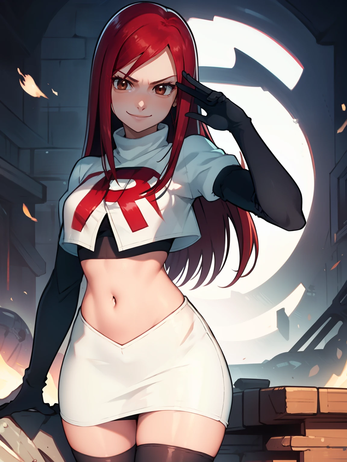 Erza Scarlet, cabelo longo,cabelo vermelho, Olhos castanhos, ,uniforme da equipe rocket, letra vermelha R, saia branca,top branco,botas pretas de cano alto, luvas de cotovelo pretas, Sorriso maléfico, Olhando para o visualizador, tiro de vaqueiro, saudação