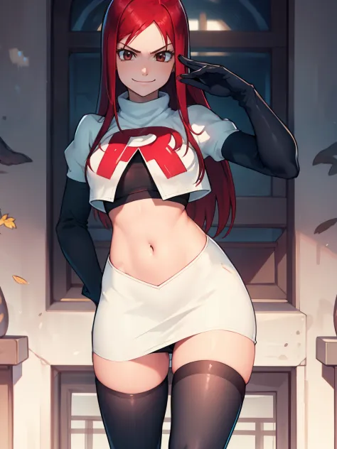 Erza Scarlet, long hair,red hair, brown eyes, ,team rocket uniform, red letter R, white skirt,white crop top,black thigh-high boots, black elbow gloves, evil smile, looking at viewer, cowboy shot, salute