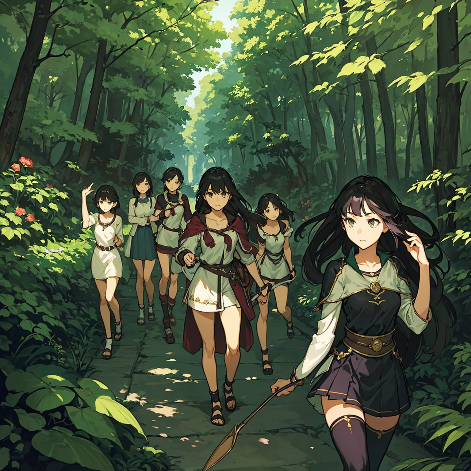 (Best Quality),Cute teenage girl, Perfect face、Accurate depiction hand、face with high quality、high quality eyes、Accurate depiction of the body、Excellent anatomical structure、Dungeons & dragons、4-girls、Kawaii teenage girl、Talk happily、Be adventurous、Walk along a path in the forest、Morning Forest、Sunlight