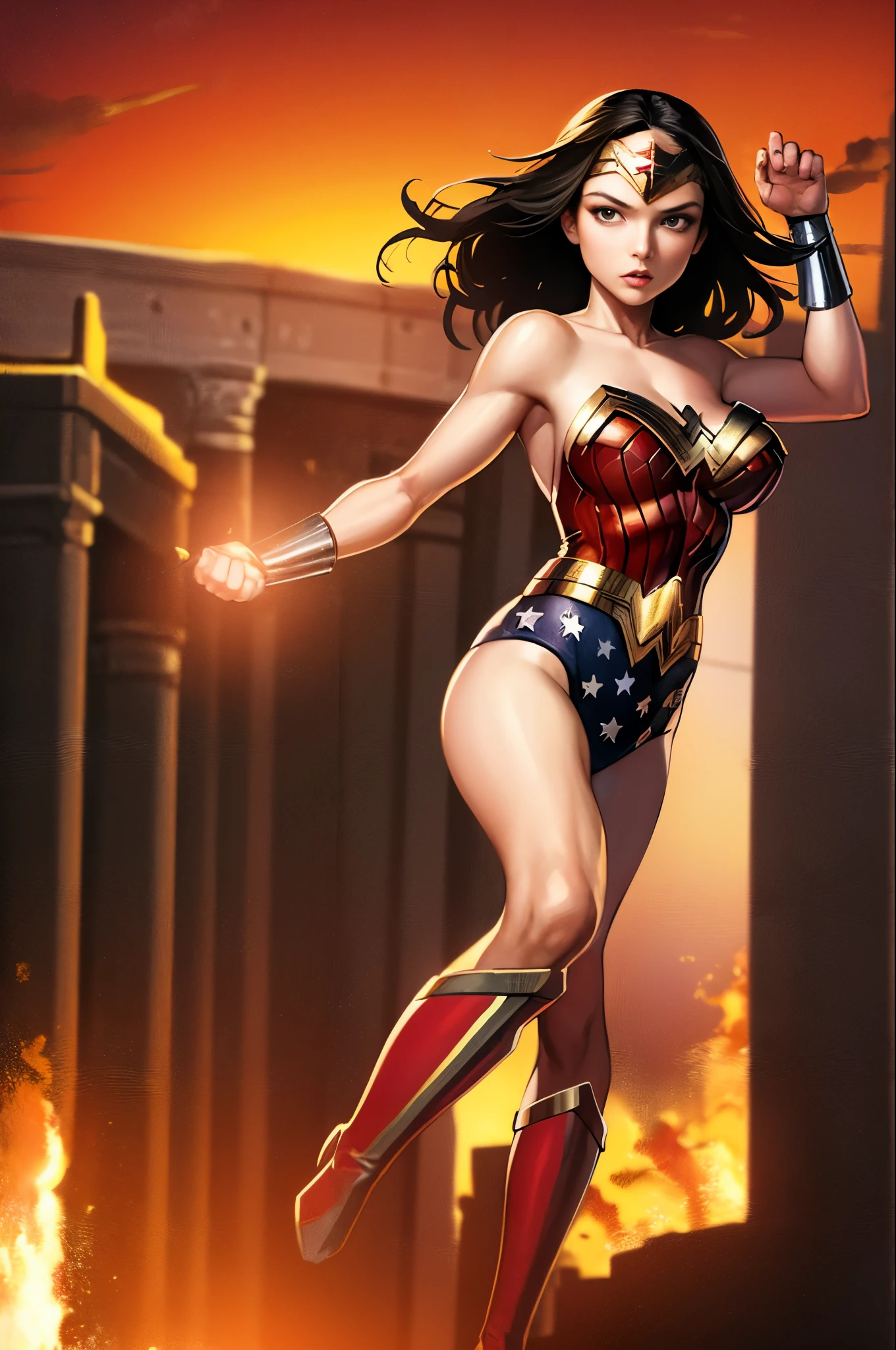 masterpiece, best quality, 1girl, wonder woman, solo, leotard, boots, powerful, superhero, burning sky, colosseum background, ancient greece background