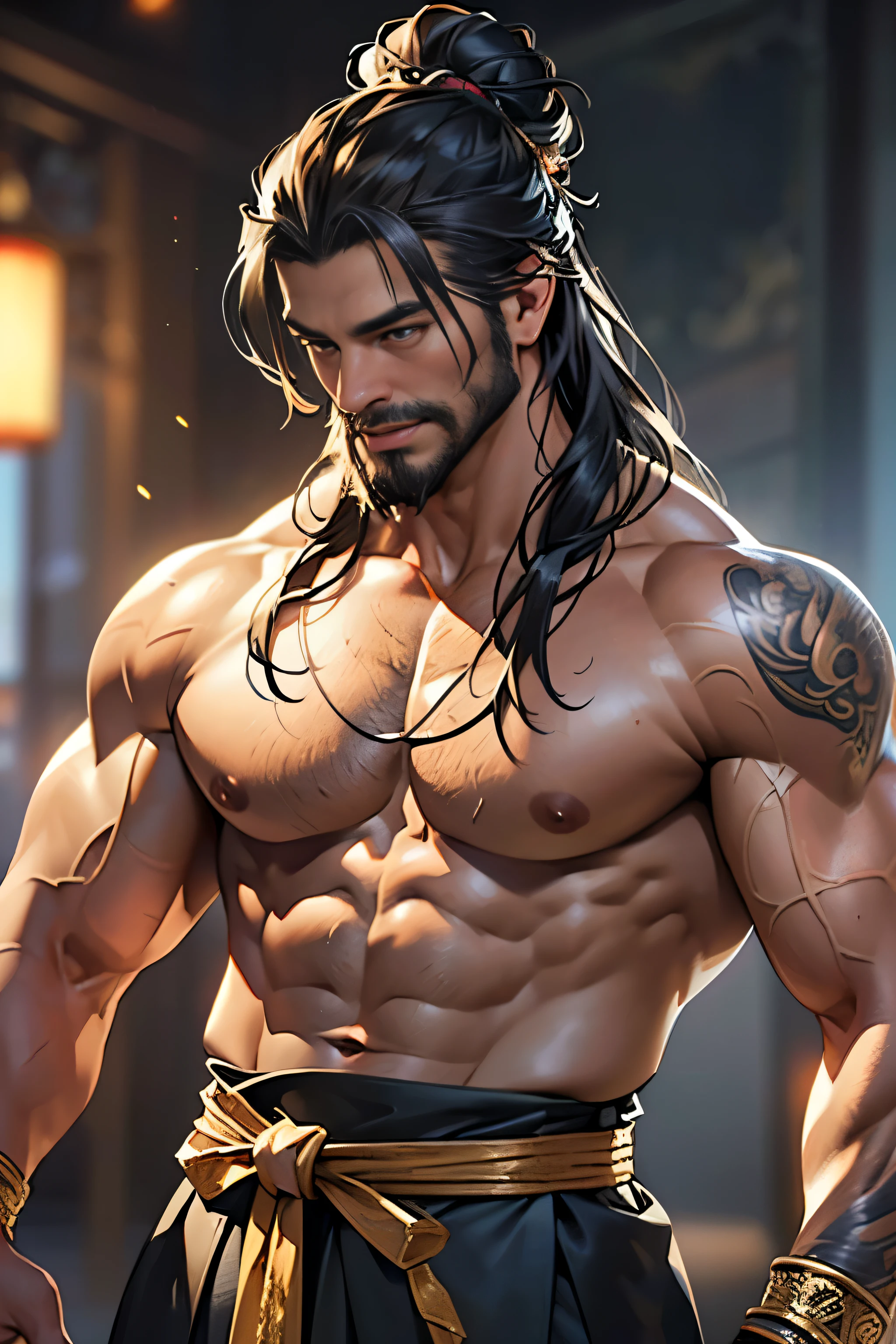 (realistic:1.3), insane detailed, quality, (masterpiece:1.2), (photorealistic:1.2), (best quality), (detailed skin:1.3), (intricate details), ray tracing, ((1male)), (((1 person))), 40 years old, long bun hair, beard, muscular, thai outfit, (blurred background)