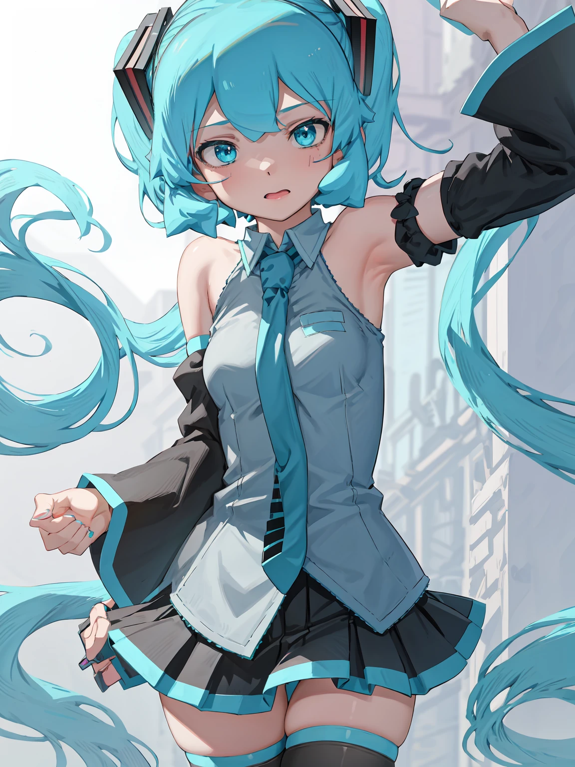 1girl, aqua eyes, aqua hair, hatsune miku, grey shirt, detached sleeves, twintails, shoulder tattoo, necktie, black thighhighs, pleated skirt