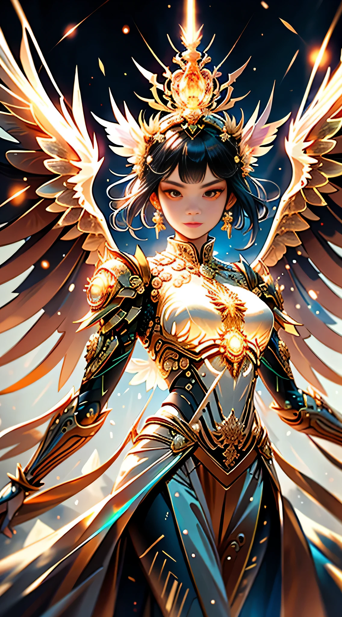 1girl, beautiful spectral sun empress, detailed eyes, perfectly detailed face, mature face, athletic body, looking at viewers, full body villain pose:1.32, denoising of strength:1.45, iridescent lighting, light smile, detailed skin, mature tall body, seductive body, medium breast, medium thigh, detailed clothes BREAK desert and pyramid backgrounds, holding only one long and thick sun scepter, phoenix dragon in sky, highly saturating sunbeams, holy ceremony, angelic halo, golden and orange spark dazzling around, holy magic circle, golden crown , golden magical lightning, best quality, masterpiece, trending on Art station, BREAK, Detailed, Realistic, 32k ultra hd detailed digital art, octane render, bioluminescent, cinematic lighting BREAK 8K resolution concept art, realism, by Mappa studios, masterpiece, best quality, official art, illustration, ligne claire, (cool_color),perfect composition, fantasy, focused,