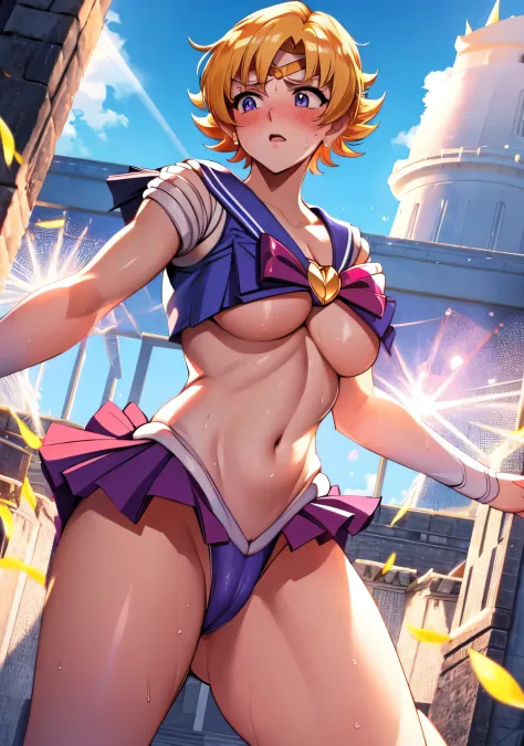 igawa,medium breasts,bouncing breasts,cleavage,blonde hair,bobcut, purple ,((Sailor Moon: 1.1)),(no bra,underboob:1.1),(sweat gleaming skin:1.1), outdoors,sunlight, spotlight effect,bright sky, blue sky with clouds,strong wind, (old castle),(highres, high ...