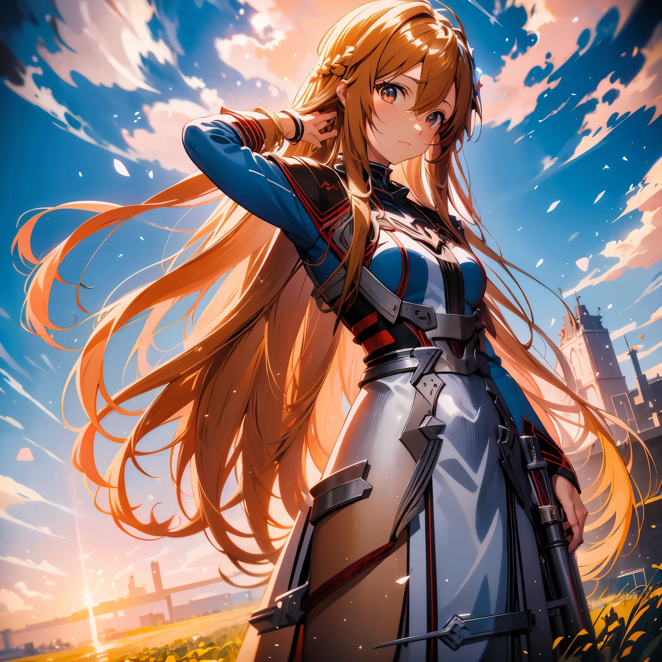 長い髪のアニメの女の子 and sword in field with sky background, ユウキとして, SAOのアスナ, 壮大なライトノベルのアートカバー, 詳細なキーアニメアート, アニメの女神, 女性アニメヒーローの肖像, 詳細なデジタルアニメアート, 非常に詳細な公式アートワーク, blonde 長い髪のアニメの女の子, photo of SAOのアスナ, 長い髪のアニメの女の子