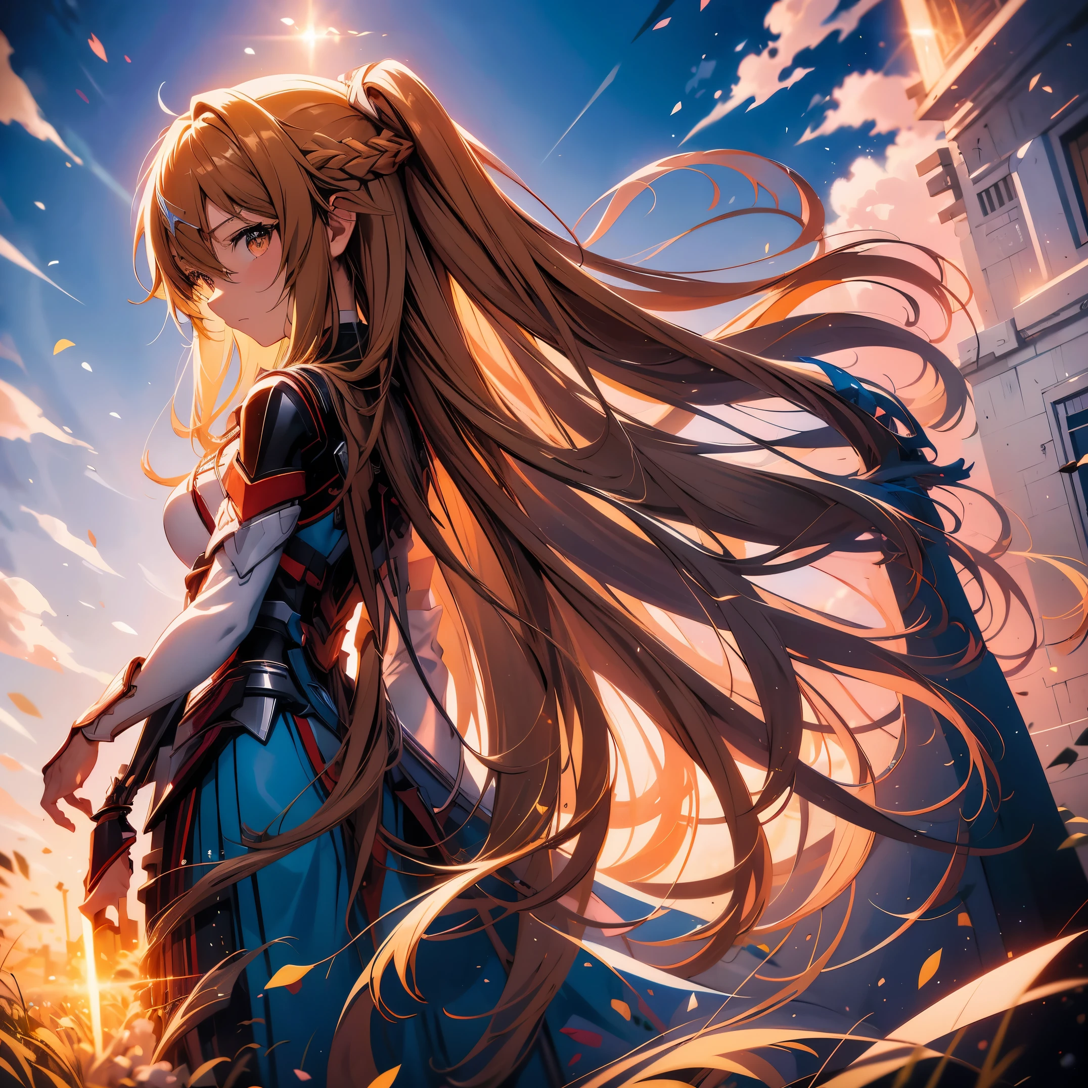 Garota de anime com cabelo comprido and sword in field with sky background, Asuna Yuuki, Asuna de SAO, capa de arte épica de light novel, arte chave detalhada do anime, Deusa dos animes, retrato de uma heroína de anime feminina, arte digital detalhada de anime, arte oficial altamente detalhada, blonde Garota de anime com cabelo comprido, photo of Asuna de SAO, Garota de anime com cabelo comprido