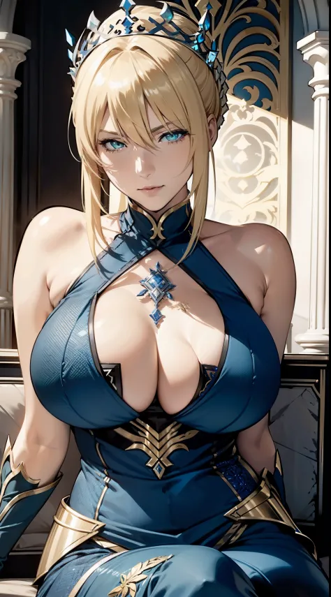 (Artoria Pendragon (Lancer)), adult female, elegant, blonde, green eyes, curvaceous, bare shoulders, huge breast, close-up portrait, high resolution, extremely detail 8k cg, throne room.