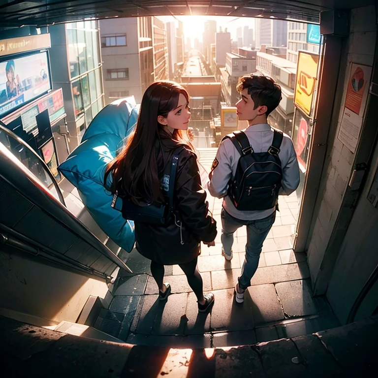 ( Masterpiece, best quality , shot from above, 100mm lens, fisheye), ((pov from above:1.4)), (( subway station:1.5, high detailed, intricate details, (walking away from viewer, facing away from viewer):1.1 )), kazuha, ( narrow face, strong jaw,  plump cheeks, dark hair , cute smile, thigh gap, beautiful baby blue eyes, wearing loose-fitted drip ootd ), (backlit, sof light, HDR, 8K, cinematic lighting, tetradic, UHD)