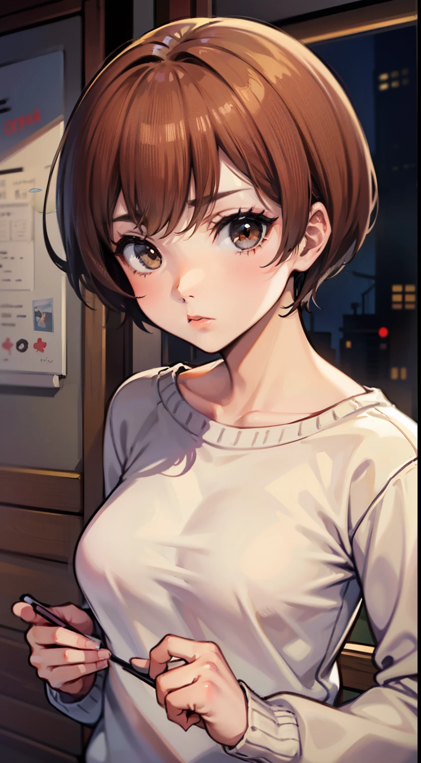 (((masterpiece))) Chie Satonaka, wearing oversized sweater, outdoor, serious, innocent