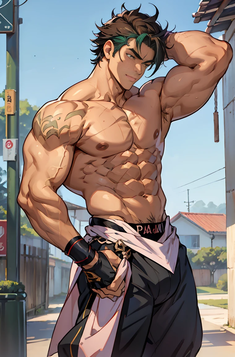 show off thick arms to the audience，closeup of armuscle protrusions on shoulders，Shoulders exposed，Stout arms，A mais alta qualidade de imagem，Pessoas do sexo masculino，Child，1 menino，jovem e bonito，Shoun，cabelos brancos，Cabelo liso curto，Pele escura，Anime peito grande，anime wallpaper，sozinho，Foco Masculino，cuecas，Dilation of the pectoral muscles，capa vermelhirilha saliente，Fundo Urbano，Espalhe as pernas，sexy,(master part, best quality),meias brancas longaotas Red Martin，((Exaggerated bulge of muscles))，