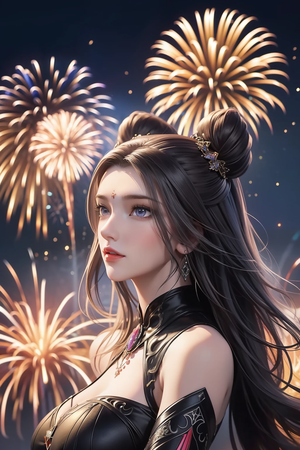 （tmasterpiece，top Quority，best qualtiy，offcial art，Beauty and aesthetics：1.2），（1girl），Extremely detailed，（s fractal art：1.3），extremely colorful，Most detailed，Fireworks explode in the sky , The fireworks are huge，Spectacular fireworks display.