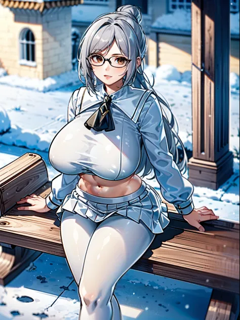 masterpiece, best quality, extremely detailed, 1girl, solo, shiraki meiko, (huge breasts:1.5), (((grey hair, long hair, hair bun, glasses, brown eyes))), parted lips, (((white serafuku, double-breasted, crop top, white skirt, white pantyhose, long sleeves)...