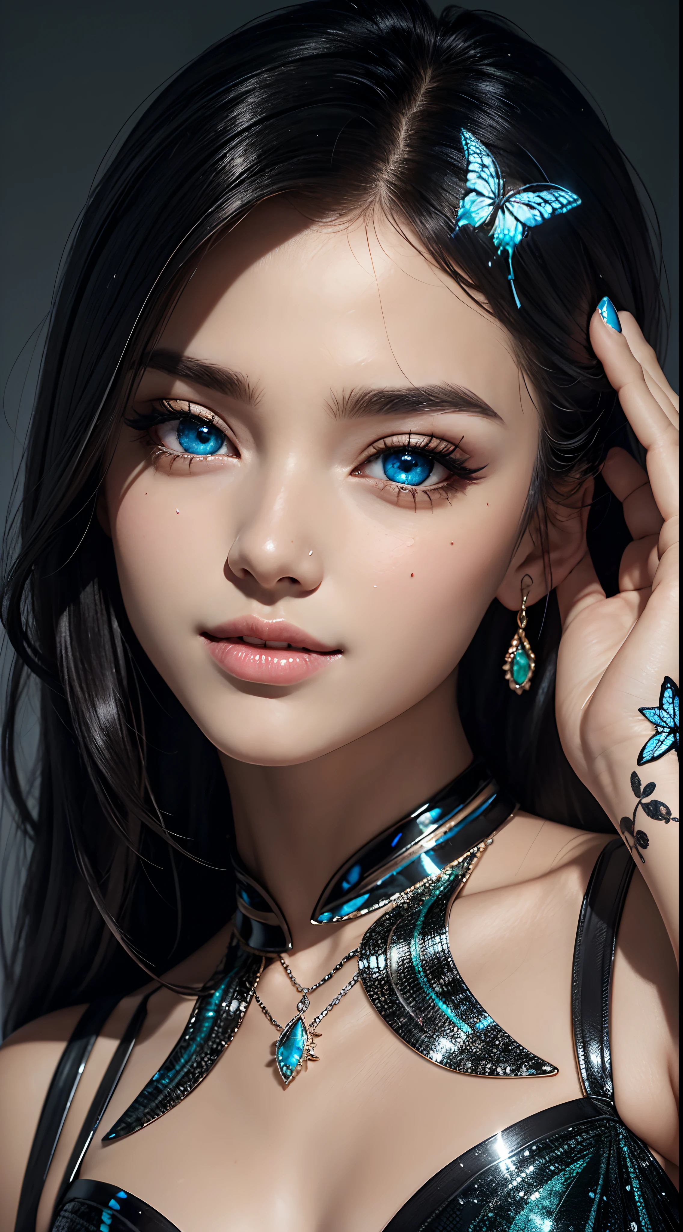 16k high quality wallpapers，Broken glass effect（Detailed Eyes,long eyeslashes,Bright and colorful irises,Eyebrow expression,Blend your eyeshadow to perfection,Eyes sparkle,Reflex eye，heterochromia），（silver long haired girl 0.8 lots of hair 1。3 Delicate hair 1。2）,（Long transparent dress，floral pattern：1.4，），（Colorful and delicate shiny little butterfly headdress，Brilliant and colorful，Microcarving，Shine brightly，Attention to detail，The jewelry is of high quality，Very high image quality）White Skin Skin，Seductive smile emoji，close up shot