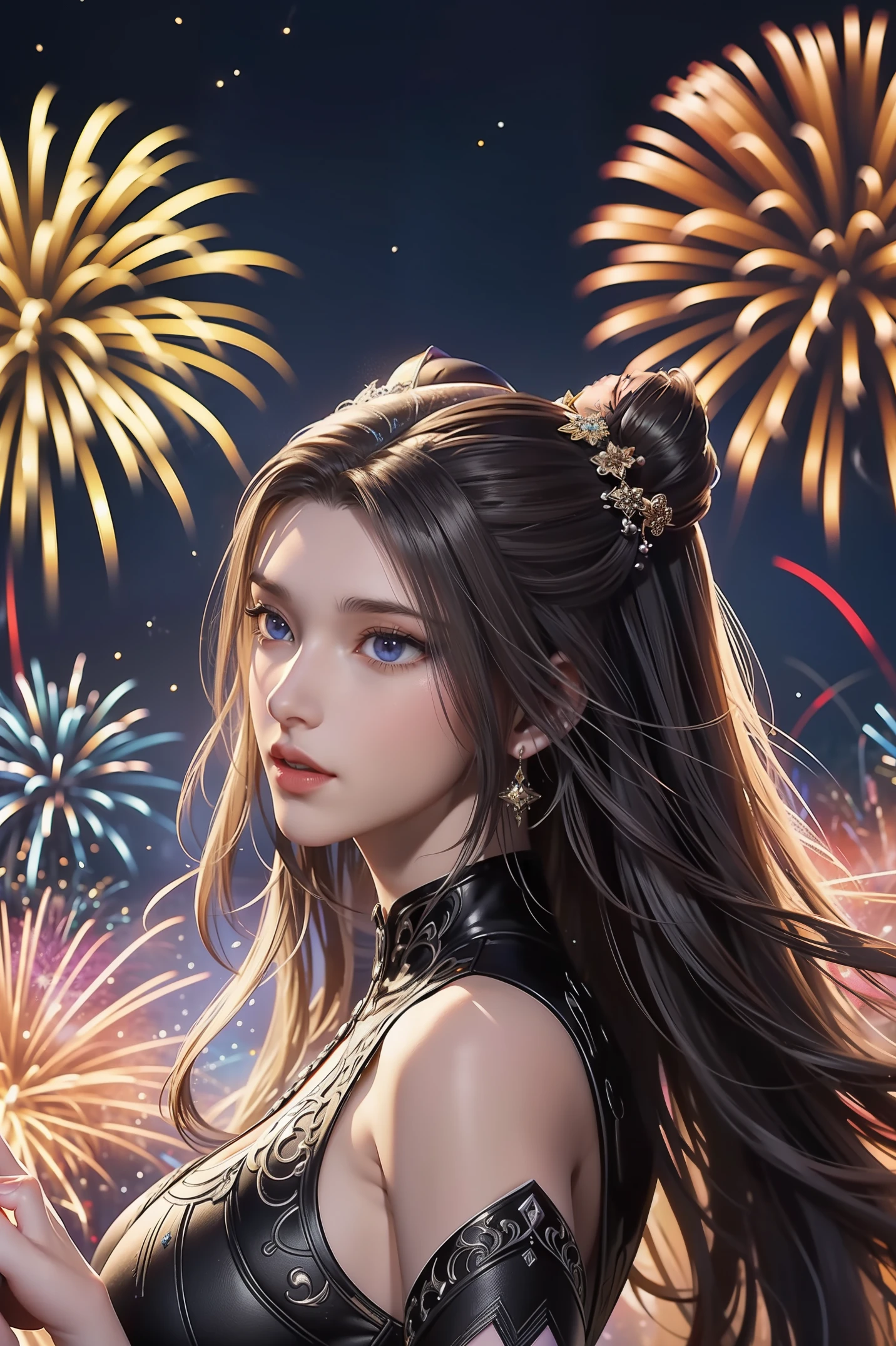 （tmasterpiece，top Quority，best qualtiy，offcial art，Beauty and aesthetics：1.2），（1girl），Extremely detailed，（s fractal art：1.3），extremely colorful，Most detailed，Fireworks explode in the sky , The fireworks are huge，Spectacular fireworks display.