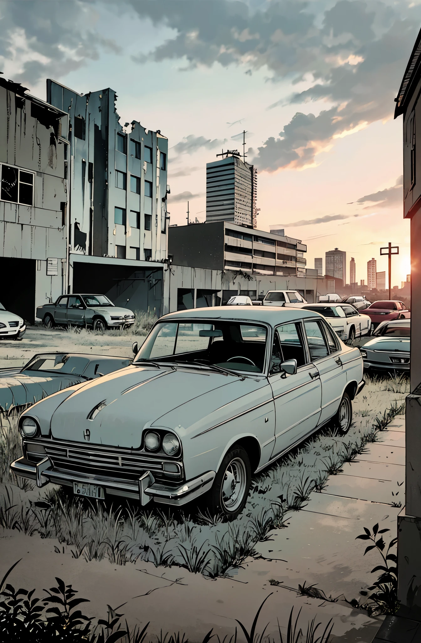 Preto e branco. Car Cemetery, Patio with grass. cidade abandonada, abandoned buildings, incomplete constructions, carros abandonados, Greenery next to buildings, Abandoned vehicles strewn and piled up, sun sunset. Estilo anime.