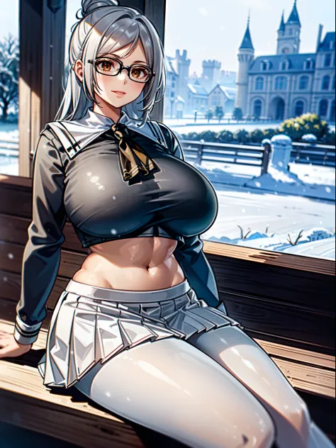 masterpiece, best quality, extremely detailed, 1girl, solo, shiraki meiko, (huge breasts:1.5), (((grey hair, long hair, hair bun, glasses, brown eyes))), parted lips, (((white serafuku, double-breasted, crop top, white skirt, white pantyhose, long sleeves)...