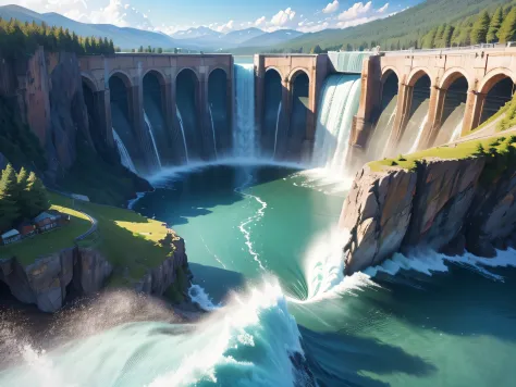(A lake with a beautiful huge hydro-power, Control water, waves.), detailed, 8k, fantastic, natural