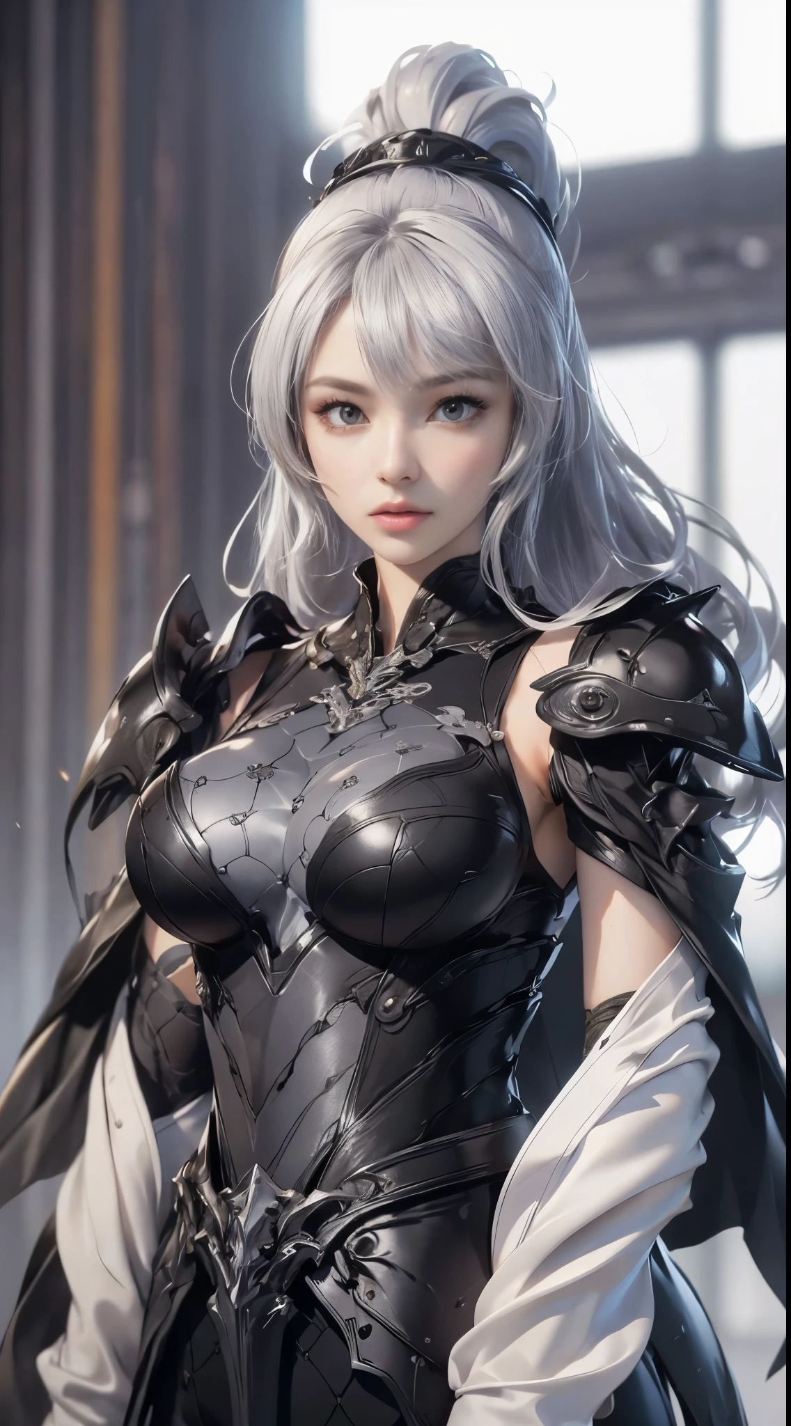 ((unreal enginee 5)), lifelike rendering, excellent, (Full Armor Body), (cloaks), looking in camera, Stand in the studio, Beautiful face, CGI Mix, (Photorealism:1.2), Ultra-realistic UHD face, beautiful body, ((Glowing skin)), ((Shiny skin)), Realistic body, ((She has a )), ((Clean skin)), Photorealistic, Bokeh, Motion Blur, masterpiece, high resolution, 1080p, Super Detail, Textured skin, ((close up to upper body)), ((moderate breast:1.2)), silver hair, drill hair:0.4