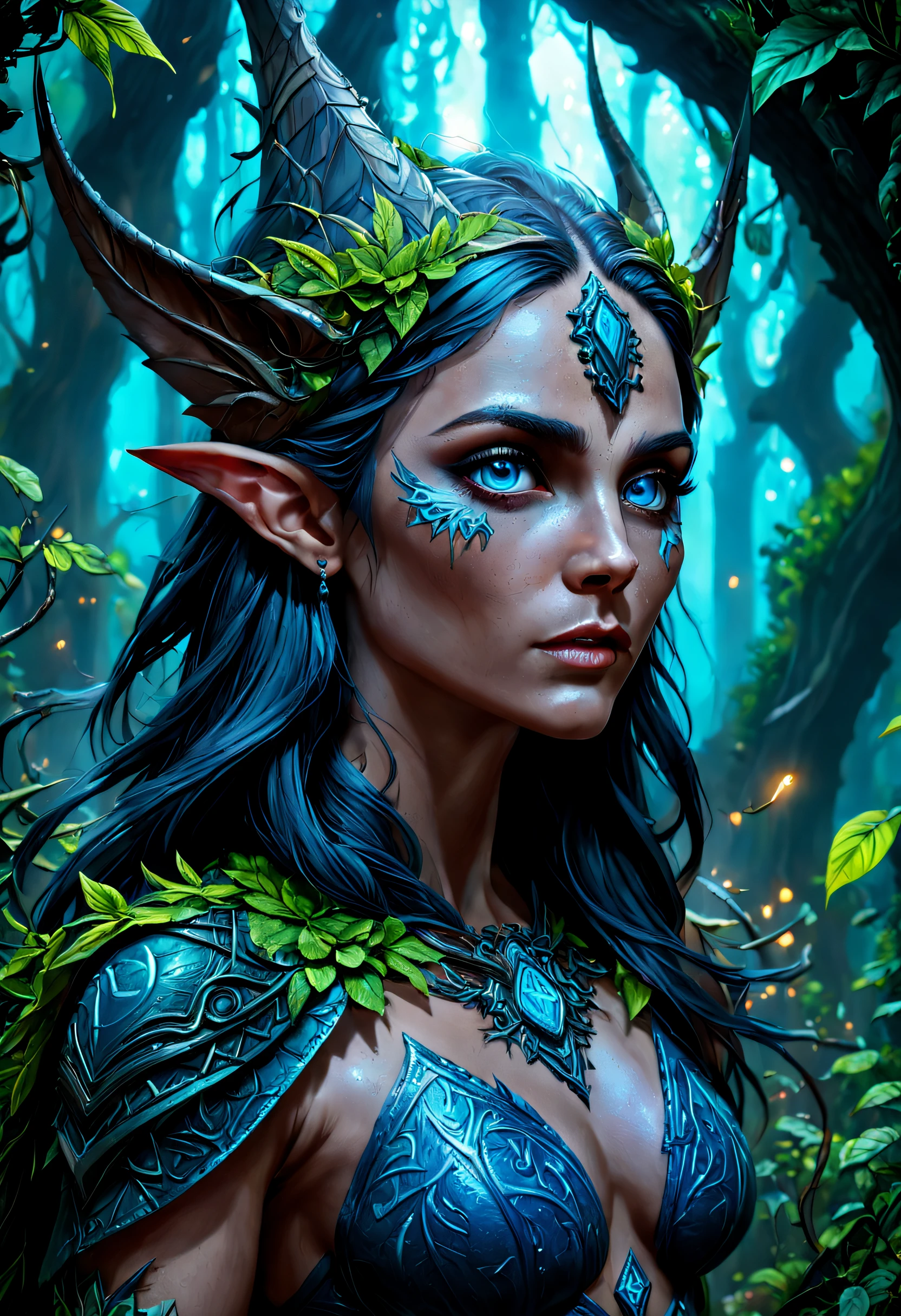 high details, best quality, 16k, [ultra detailed], masterpiece, best quality, (extremely detailed), drkfntasy, blacklight makeup dynamic angle, ultra wide shot, RAW, photorealistic, fantasy art, realistic art, a female elf druid  (intricate details, Masterpiece, best quality: 1.5) in a jungle, a female elf wearing leather clothes  intricate details, Masterpiece, best quality: 1.4), leather boots, thick hair, long hair, brown hair, intense blue eyes, small pointes ears, vibrant jungle (intense details) glowing particle, plenty of plant life, glowing vines coming from trees glowing particle,  many jungle trees (1.3 intricate details, Masterpiece, best quality), vines, a river flowing, light reflected in the water, sun light, dynamic light. dynamic angle, (intricate details, Masterpiece, best quality: 1.5) , 2.5 rendering, high details, best quality, highres, ultra wide angle