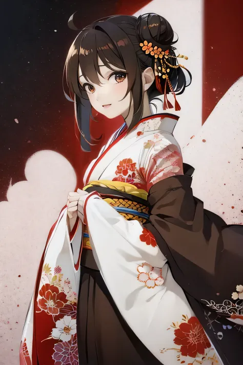 top-quality、High-quality illustrations、1 Japan Girl、Red kimono、A dark-haired、Pattsun bangs、Super Cute、White background、The upper...