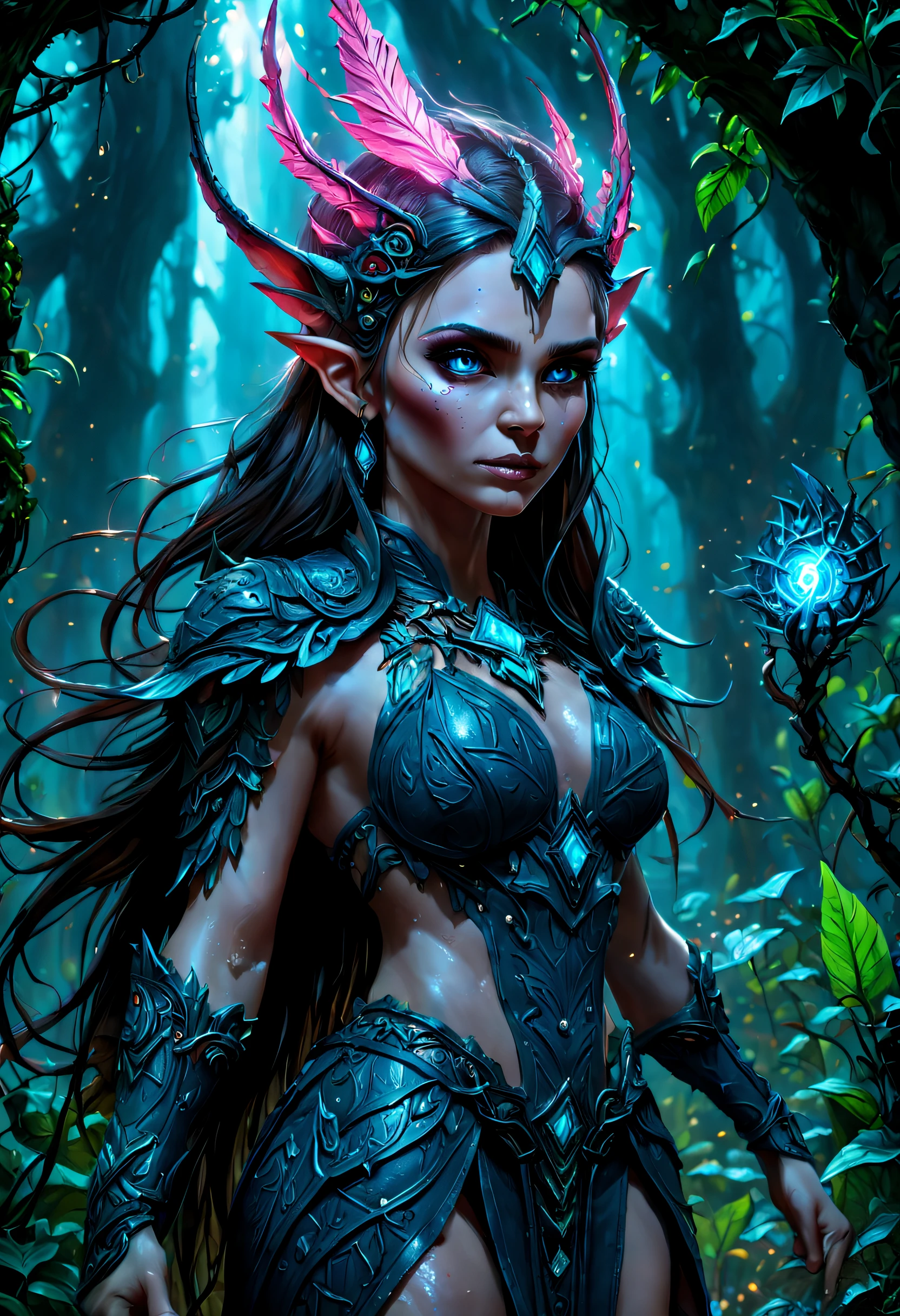 high details, best quality, 16k, [ultra detailed], masterpiece, best quality, (extremely detailed), drkfntasy, blacklight makeup dynamic angle, ultra wide shot, RAW, photorealistic, fantasy art, realistic art, a female elf druid  (intricate details, Masterpiece, best quality: 1.5) in a jungle, a female elf wearing leather clothes  intricate details, Masterpiece, best quality: 1.4), leather boots, thick hair, long hair, brown hair, intense blue eyes, small pointes ears, vibrant jungle (intense details) glowing particle, plenty of plant life, glowing vines GlowingRunesAI_pink coming from trees glowing particle,  many jungle trees (1.3 intricate details, Masterpiece, best quality), vines, a river flowing, light reflected in the water, sun light, dynamic light. dynamic angle, (intricate details, Masterpiece, best quality: 1.5) , 2.5 rendering, high details, best quality, highres, ultra wide angle