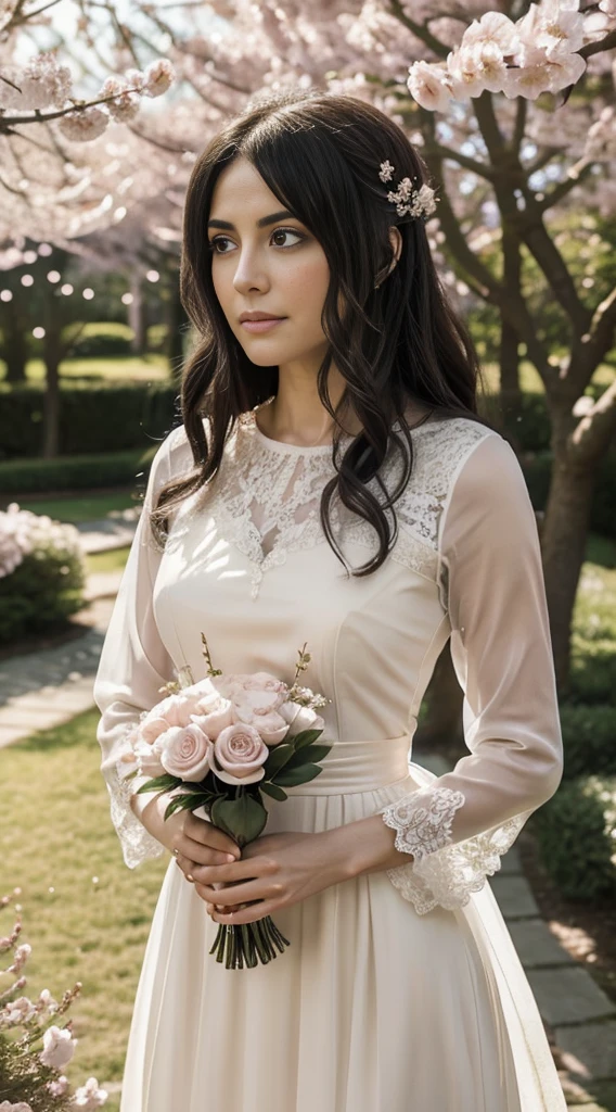 (best quality, ultra-detailed, realistic:1.37), photography, Shingeki no Kyojin, female character, Pieck Finger, wearing a wedding dress, looking elegant and confident, surrounded by cherry blossoms, in a beautiful garden, with soft sunlight shining through the trees and casting a warm glow on the scene, creating a romantic atmosphere. The dress is delicate with intricate lace details, flowing gracefully as she moves. Pieck's eyes are captivating and filled with a mix of happiness and determination. Her lips are soft and subtly highlighted with a natural pink shade. The cherry blossoms in the garden are in full bloom, painting the surroundings with shades of pink and white, adding a touch of ethereal beauty to the scene. The overall color palette is soft and dreamy, with a slight vintage tone, enhancing the timeless elegance of the moment. The lighting is soft and diffused, illuminating Pieck's features and creating gentle shadows. The image quality is exceptional, capturing every fine detail and texture, bringing the scene to life with a sense of realism and depth.