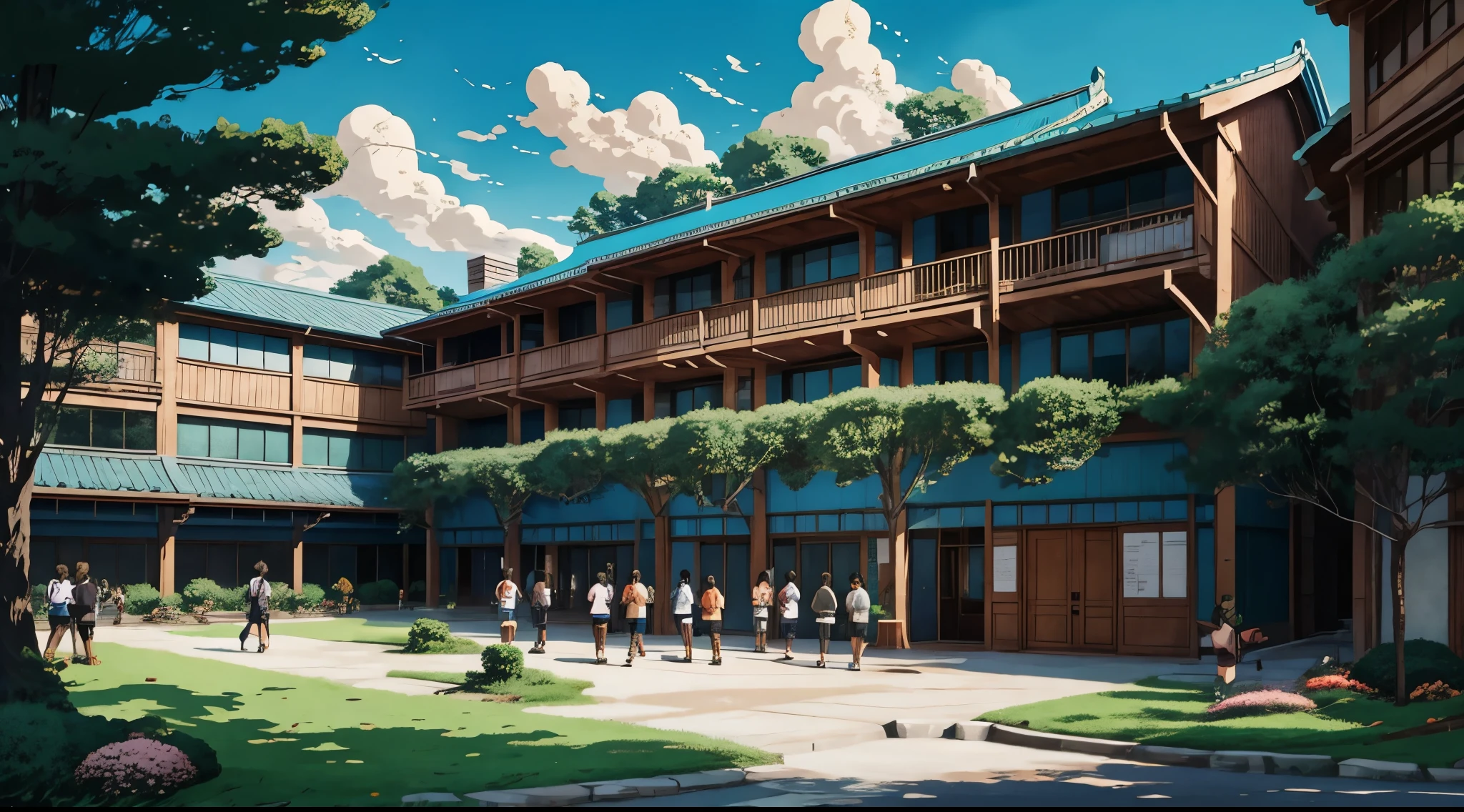 anime de estilo Studio Ghibli, 2D, personalidad: [Ilustre un plano general de un patio escolar bullicioso, lleno de estudiantes. El patio debe ser vibrante y animado, con estudiantes sentados en bancos, caminando en grupos, y en conversaciones. Transmita una sensación de energía y actividad en la escena]