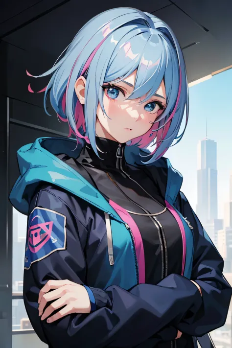 masterpiece, best quality, 1girl, blue hair with pink highlights, short hair, hime cut, blue eyes, hoodie, techwear, detailed ey...