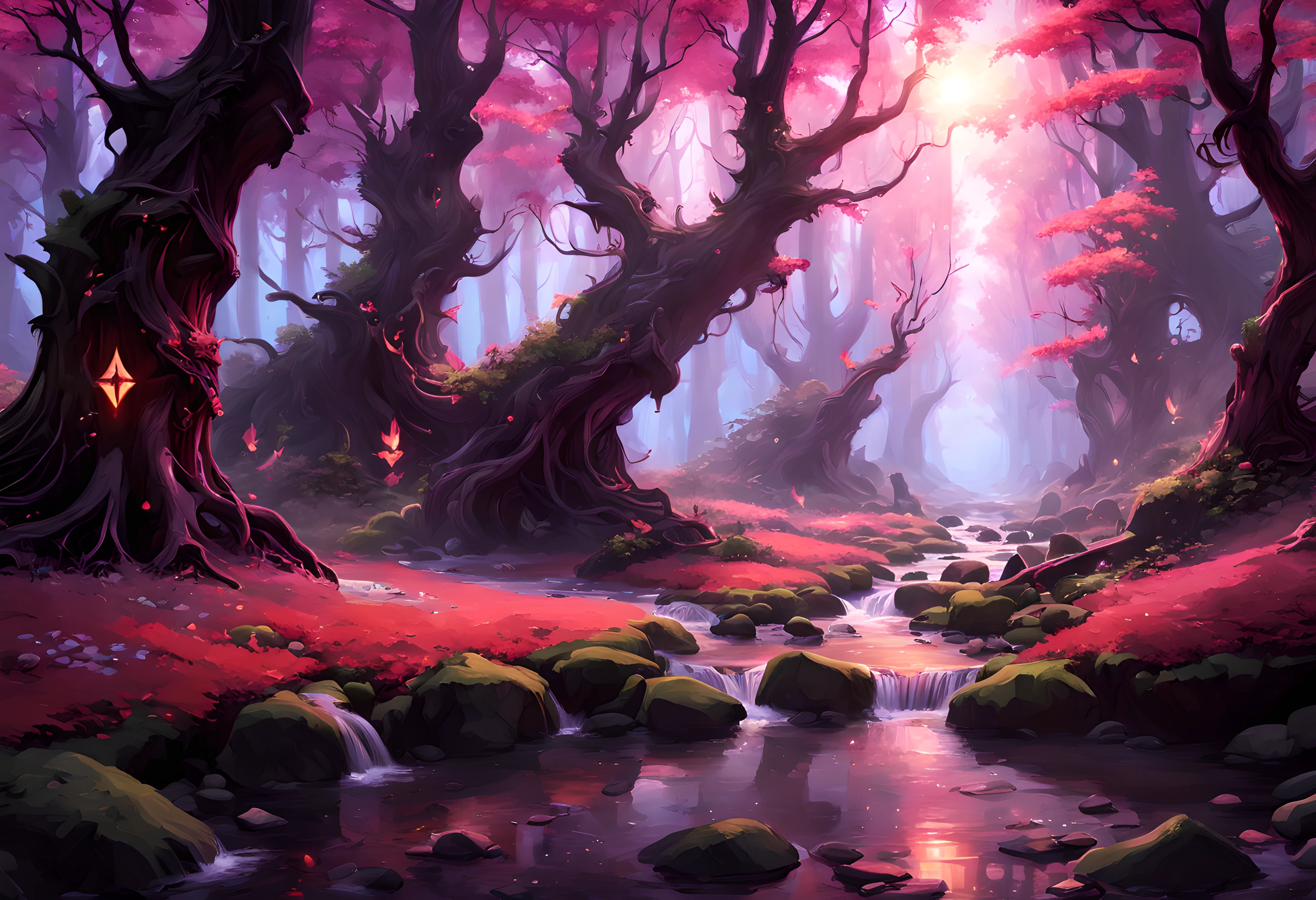 a picture of a magical forest clearing, drkfntasy a forest clearing, there are plenty of  colorful trees and flowers, the leaves glow in colors GlowingRunes_pink, the vines glow GlowingRunes_red, leaves glow,  GlowingRunesAI_purple a stream of water, sunset light, sun rays, DruidMagicAI, glowing butterfly, fantasy art, forest magic magv1ll, D&D art, RPG art, magical atmosphere magic-fantasy-forest, ultra best realistic, best details, best quality, 16k, [ultra detailed], masterpiece, best quality, (extremely detailed), ultra wide shot, photorealism, depth of field, hyper realistic painting, 3D render