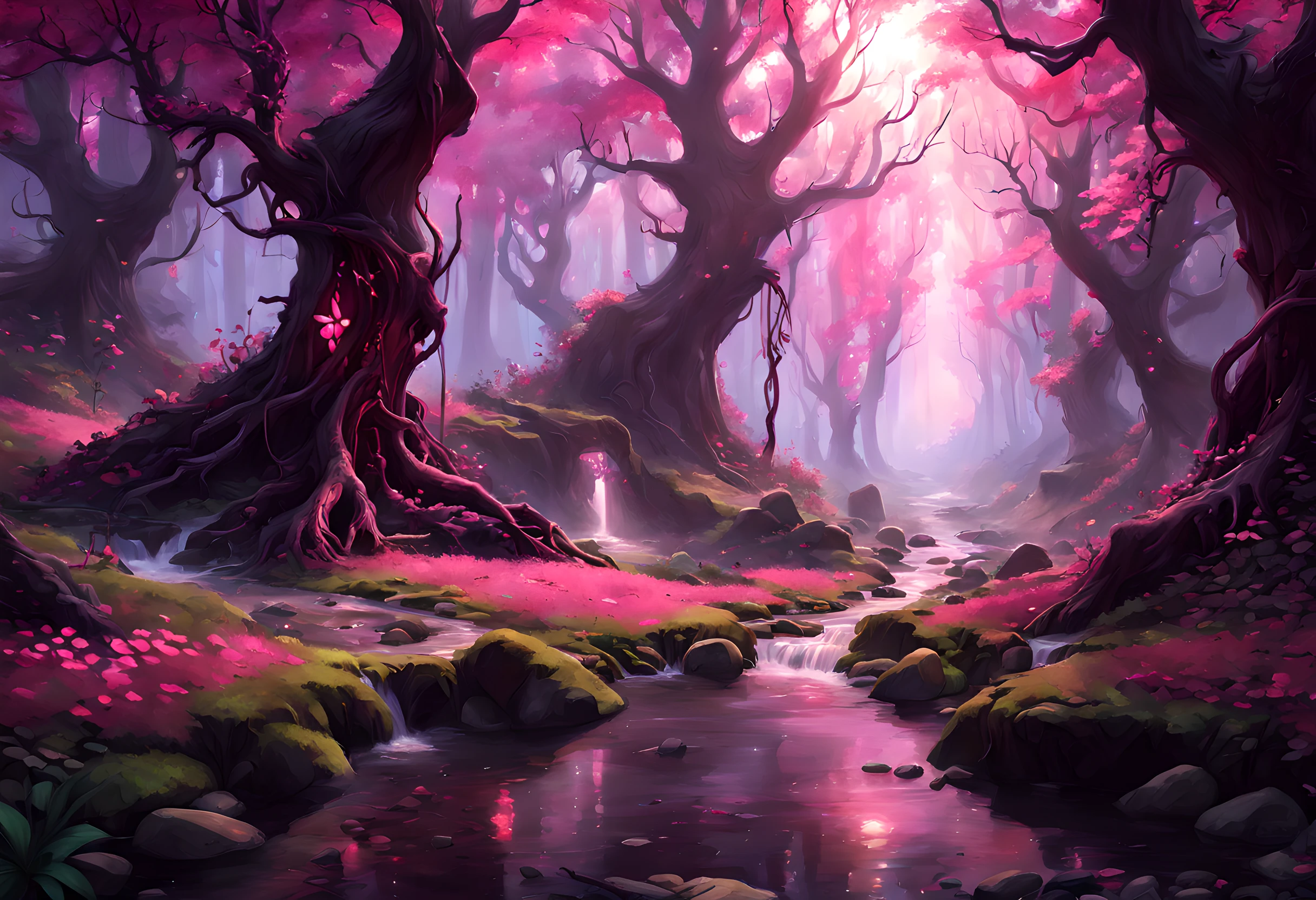 a picture of a magical forest clearing, drkfntasy a forest clearing, there are plenty of  colorful trees and flowers, the leaves glow in colors GlowingRunes_pink, the vines glow GlowingRunes_red, leaves glow,  GlowingRunesAI_purple a stream of water, sunset light, sun rays, DruidMagicAI, glowing butterfly, fantasy art, forest magic magv1ll, D&D art, RPG art, magical atmosphere magic-fantasy-forest, ultra best realistic, best details, best quality, 16k, [ultra detailed], masterpiece, best quality, (extremely detailed), ultra wide shot, photorealism, depth of field, hyper realistic painting, 3D render