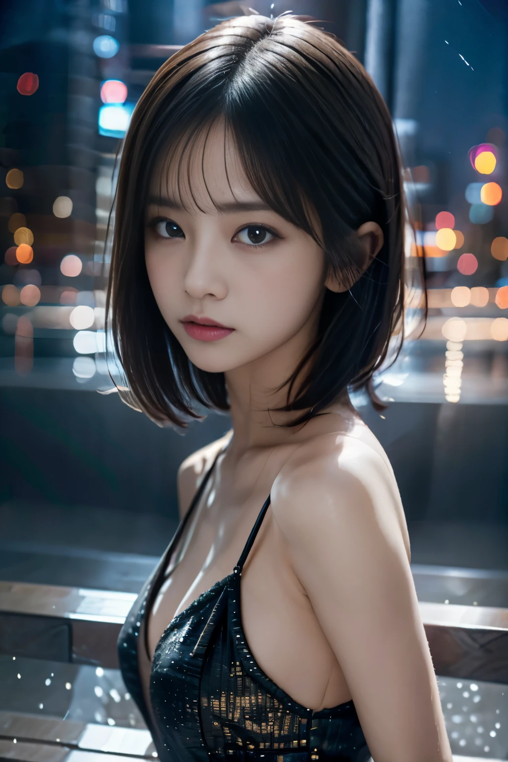 top-quality、​masterpiece、超A high resolution、Raw photography、(Photorealsitic:1.4)、女の子1人、A detailed face、Glittering night view、black sexy dresses、provocative wink、The moment you turn around、short-haired、beautiful blonde japanese actress、sakimichan、cinematric light， realisticlying，best qualtiy， Complex CG，Highly detailed face，High detail eyes，