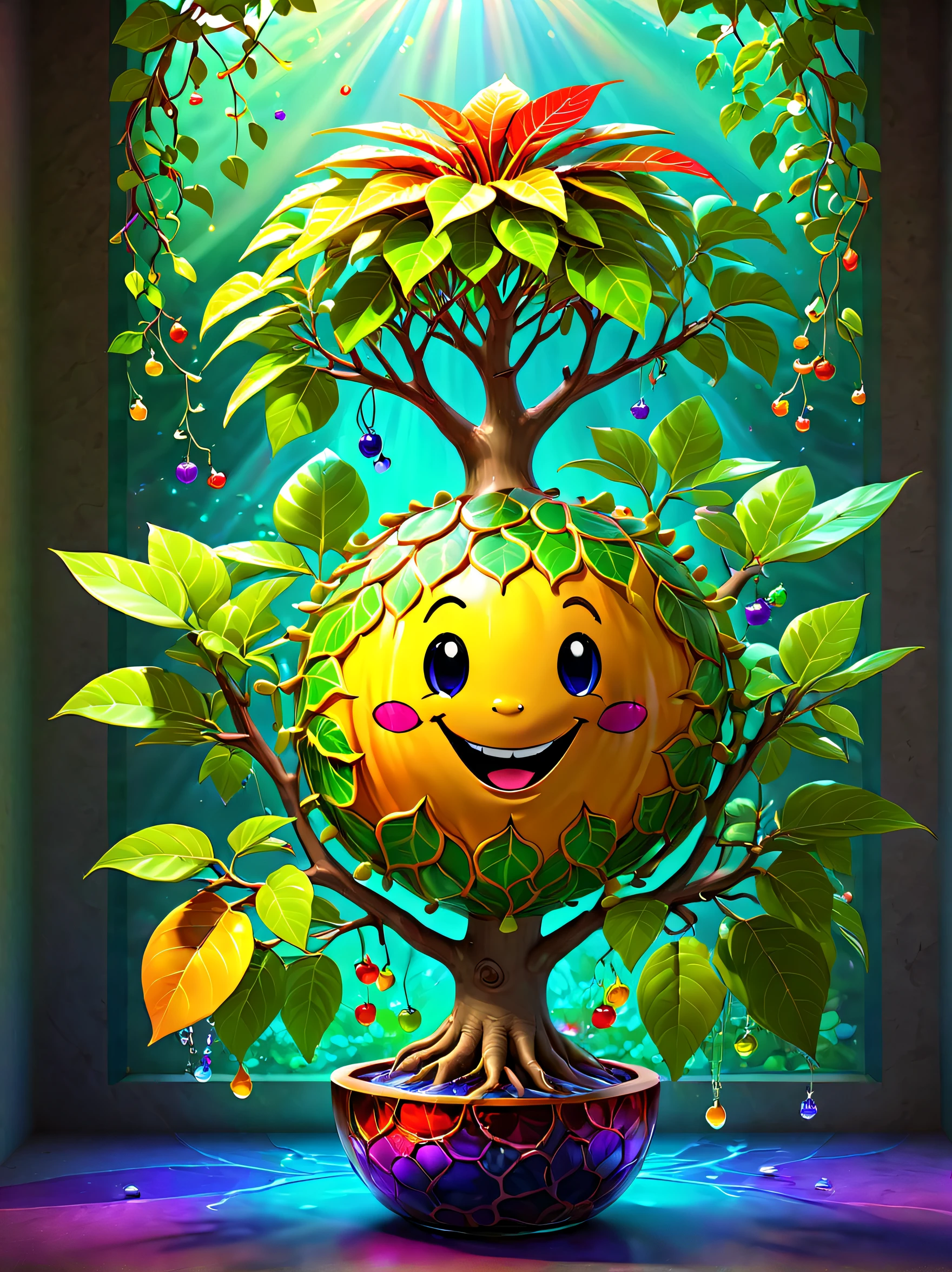 stained glass style，(A fabulous colorful rainbow ginseng fruit tree，Fruits in the shape of transparent smiley dolls hang on the branches，Irridescent color)，Leaves covered with nectar, Plants covered in liquid, Cute 3d rendering, Rendering in Cinema 4D Octane, blender art, Cinema 4D color rendering, Very detailed photos of happiness, rendered in cinema4d, Colorful octane rendering, A vibrant one, The beautiful, semi transparent, iintricate, Detailed pubic hair